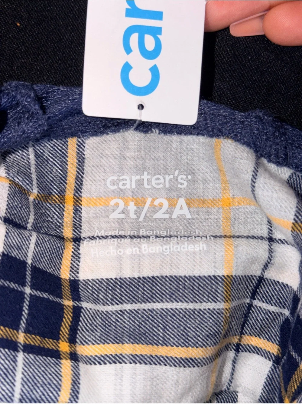 Carters Size 2T Plaid Hooded Button Up Long Sleeve Shirt Blue Yellow Gray NWT